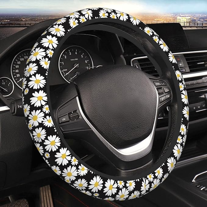 White Daisy Neoprene Steering Wheel Cover for Men Women Anti-Slip Elastic Steering Wheel Protective Cover 15in Universal Car Accessories Fit Cars, SUVs, Auto