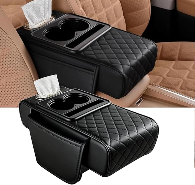 AHFBF Multifunctional Pu Leather Car Armrest Box Mat, Armrest Box Pad for Car, Leather Car Armrest Box Pad with Cup Holders, Car Armrest Box Mat, 5-in-1 Car Center Console Cover (Black)