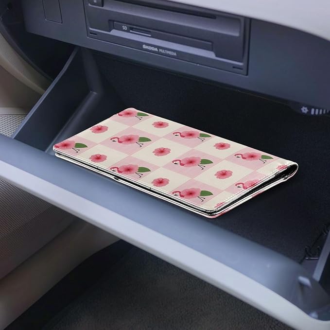 ALAZA Flamingo Pink Floral Plaid Car Registration and Insurance Card Holder Vehicle Glove Box Car Organizer Driver License Documents Holder Waller Case Organizers