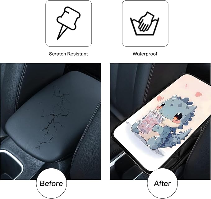 JANENFNA Car Armrest Cover Pads Universal Fashion Cute Auto Center Console Armrest Cover Pad with 2PCS Car Coasters Soft Waterproof Car Armrest Seat Protector for Women,Cate Tyrannosaurus