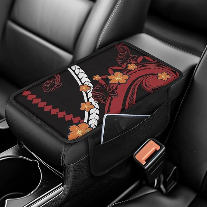 CLOHOMIN Red Polynesia Car Armrest Storage Box Pad Orange Hibiscus Center Console Armrest Cover for Most Vehicles Easy to Install Auto Armrest Covers Accessories with 2 Storage Pockets