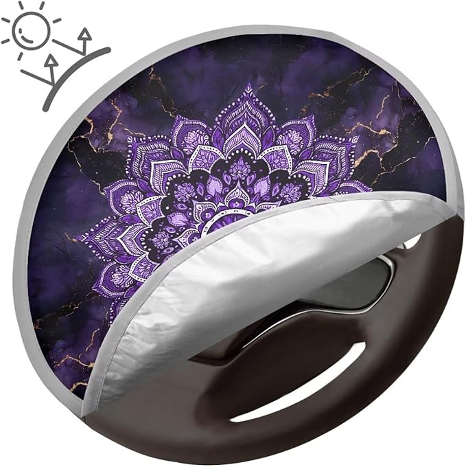Mandala Vehicle Steering Wheel Sun Shade Cover 17 Inch Purple Reflective Steering Wheel Shield Sunshade Foldable Car Steering Wheel Cover Gift for Holiday