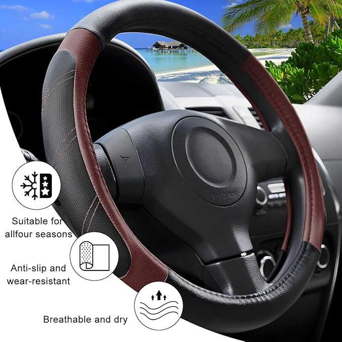 Car Steering Wheel Cover, 15 Inch Carbon Fiber Leather Non-Slip Steering Wheel Protector with Lining, Breathable Automotive Interior Accessories, Universal for SUV RV Truck (Wine Red)