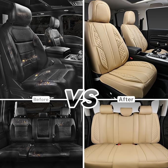 CAR PASS Nappa Leather Car Seat Covers Full Set Waterproof Protector Durable Cushioned,Universal Fit for Sedan SUV Pick-up Truck,Automotive, Anti-Slip and Backseat Luxury Premium (Light Beige)
