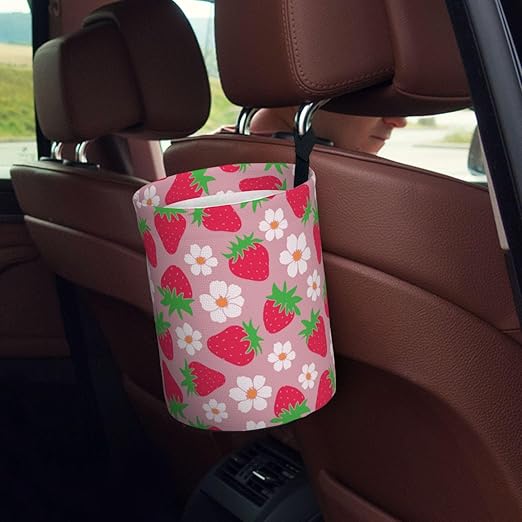 KXWQTRDD Car Garbage Bag Pink Strawberry and Floral Mini Car Trash Bin Portable Collapsible Waterproof Rubbish Bag for Car Accessories Back Front Seat Cup Holder
