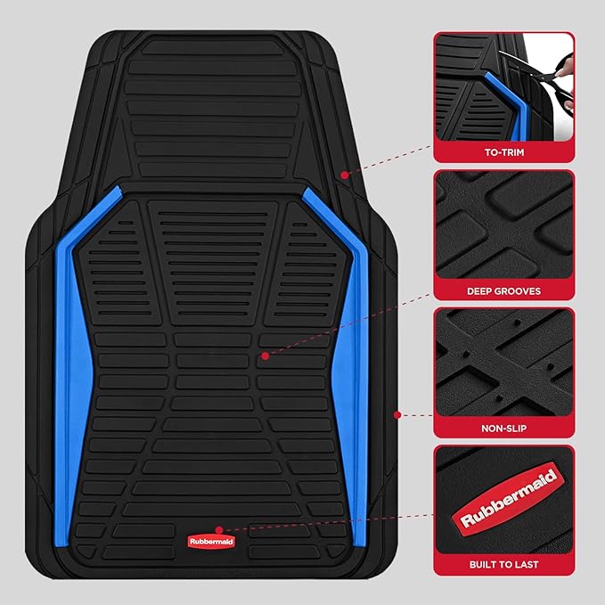 Rubbermaid Car Mat Full Set All-Weather Heavy-Duty 4 Pieces– Trim-to-Fit Universal Car Mats Full Set – Waterproof Rubber Floor Liners for Most Trucks, SUVs, Vans, and Sedans-Blue