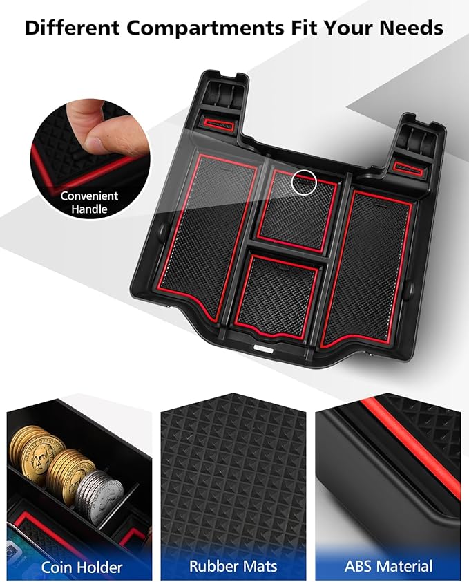 FIILINES Center Console Organizer for Dodge Ram 1500 2500 3500 2019-2025, Center Console Tray Secondary Armrest Storage Box ABS Insert Container with Anti-Slip Mats