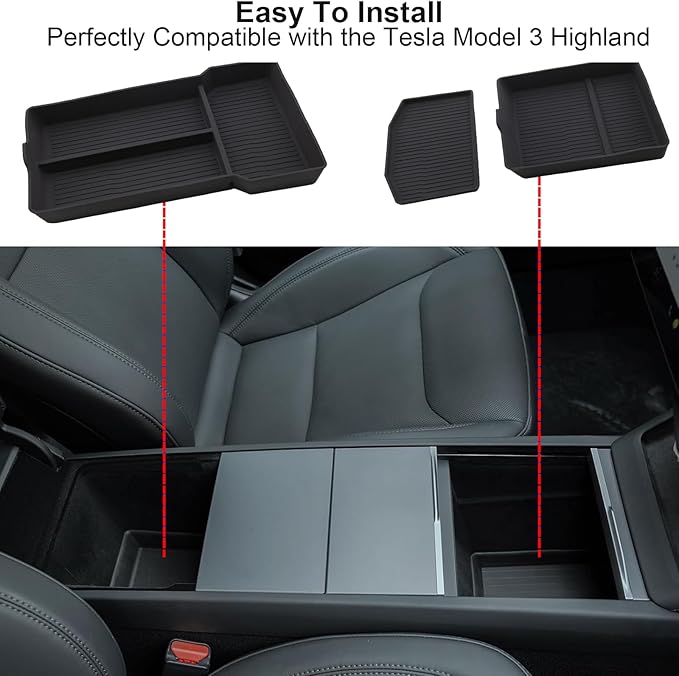 3PCS Center Console Organizer Lower Storage Box for Tesla Model 3 Highland 2024 2025, Silicone Console Organizer Tray New Tesla Interior Accessories
