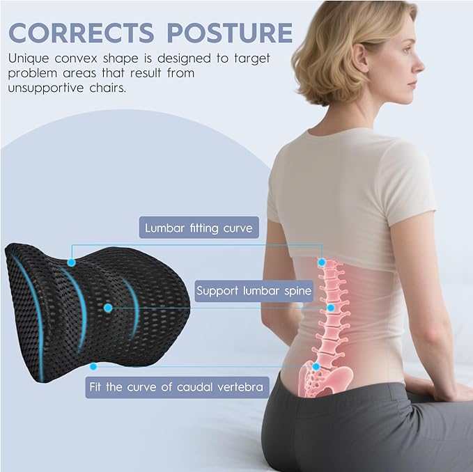 Lumbar Support Pillow for Office Chair Car Seat, Memory Foam Lumbar Pillow Lower Back Pain Relief Support Cushion Back Pillow for Sleeping,Driving,Resting,Chair Cushions Office Home Essentials,Black