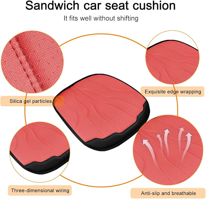 Car Seat Cushion Pad, Comfortable Foam Non-Slip Vehicle Front Seat Bottom Protector for Back Pain Relief, Breathable Automotive Chair Covers, Universal for SUV RV Truck (Red)