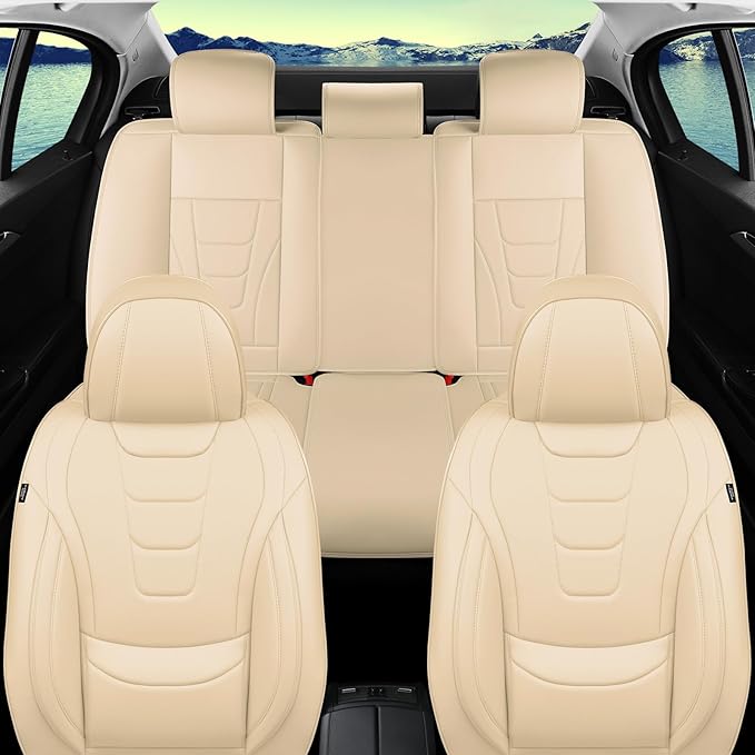 Gripure Car Seat Covers for Full Set – Waterproof & Breathable Faux Nappa Leather, 360° Wrap Design, Airbag Compatible, Lumbar Support, Perfect for Drivers Who Sweat-Breathable Design. – Beige