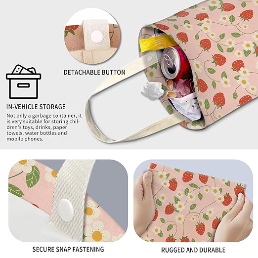 AXZOPDE Cute Car Trash Can, Hanging Canvas Car Back Seat Organizer and Storage Bag, Funny Car Trash Bag For Travelling, Outdoor Cute Strawberry Leaf