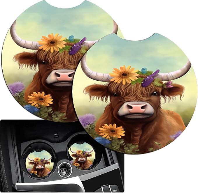 JANENFNA Car Armrest Cover Pads Universal Fashion Cute Auto Center Console Armrest Cover Pad with 2PCS Car Coasters Soft Waterproof Car Armrest Seat Protector for Women,Flowers Cow