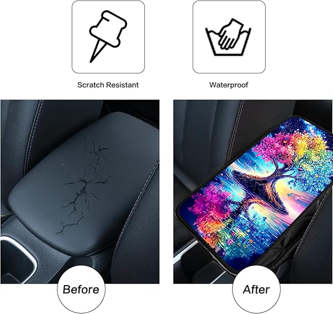 JANENFNA Car Armrest Cover Pads Universal Fashion Cute Auto Center Console Armrest Cover Pad with 2PCS Car Coasters Soft Waterproof Car Armrest Seat Protector for Women,Rainbow Tree