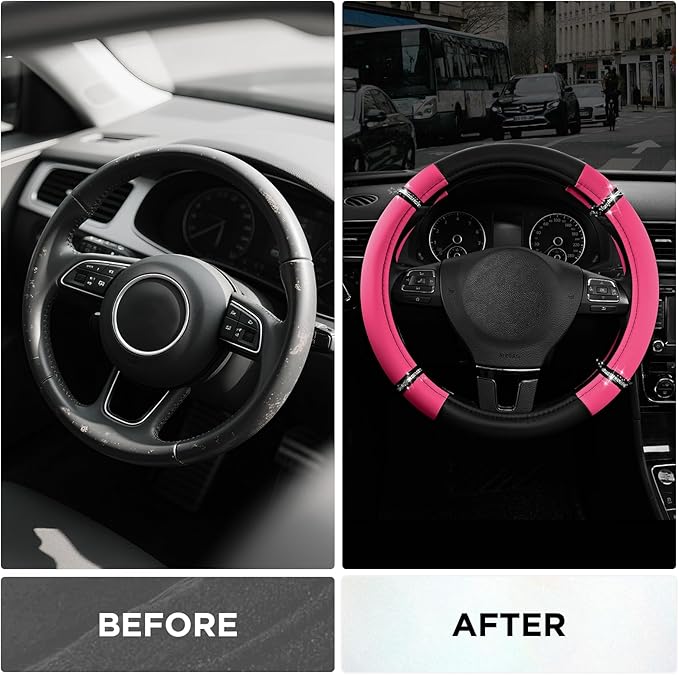 Road Comfort Leather Steering Wheel Cover – Premium Anti-Slip Car Steering Wheel Grip Cover – Universal Fit for 14.5”–15.5” Cars, Trucks & SUVs - Hotpink