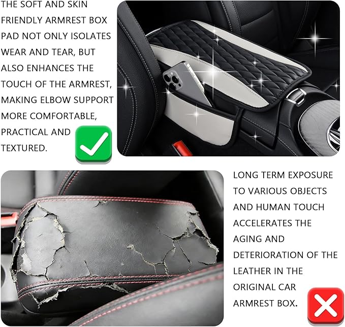Patchwork Leather Center Console Cover, Upgraded Car Armrest Cover with 2 Storage Bags, Universal Arm Rest Covers for Car, Vehicle Interior Accessories Middle Console Cushion Organizer (White)