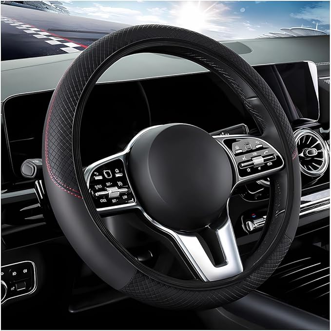 Car Steering Wheel Cover, 15 Inch Carbon Fiber Leather Stitching Color Steering Wheel Protector, Anti-Slip Elastic Breathable Steering Wheel Cover Stylish Decor for Most Cars (Black, AD)