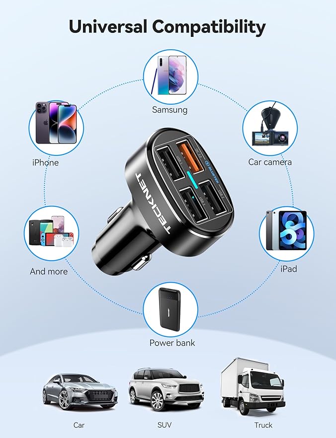 TECKNET USB Car Charger, 54W 4-Port Car USB Charger Multi Port Adapter, QC 3.0 Port Cigarette Lighter Charger, Fast Charging Adapter, Compatible with iPhone 15 Pro Max/15 Plus/15/14/13（Dark Black）