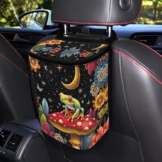 Frog Car Trash Can with Lid Garbage Bag Dustbin Container Mushroom Waste Basket Storage Pocket Hanging Large Capacity Vehicle Trash Bin