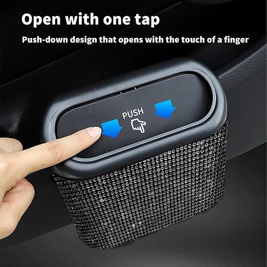 Bling Car Trash Can with Lid Mini Auto Garbage Bin Rhinestone Hanging Vehicle Trash Container Odor Proof Organizer (Black)