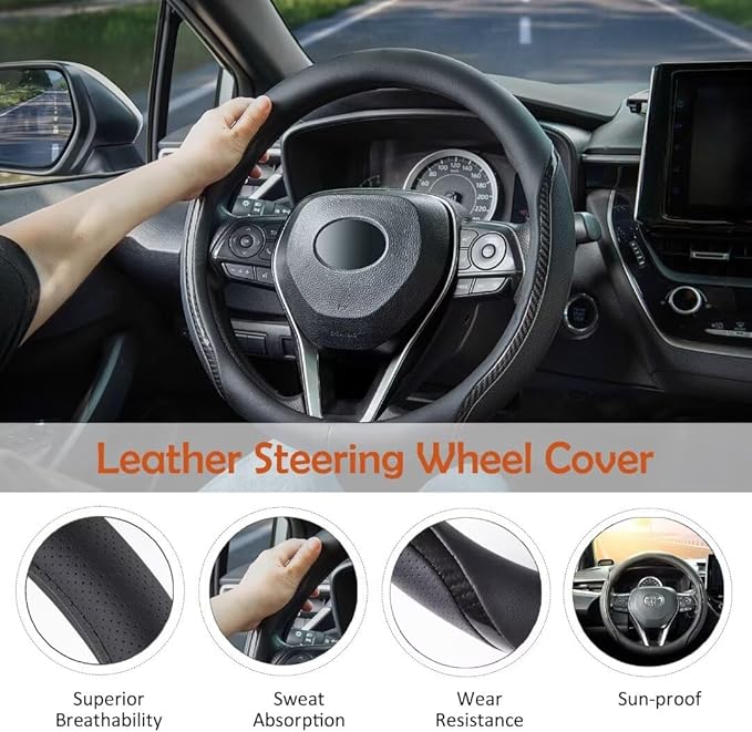 Muamos Steering Wheel Cover Black, Carbon Fiber Car Steering Wheel Covers with Coasters Universal 14.5-15 inch Leather Microfiber Breathable Anti-Slip Steering Wheel Accessories Set