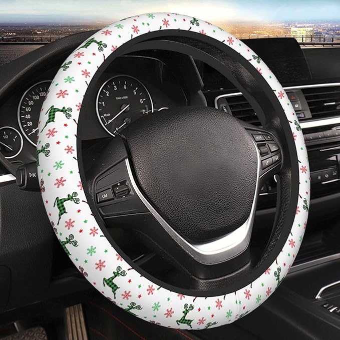 Elastic Steering Wheel Cover, Christmas Buffalo Plaid Reindeer Universal 15 Inch Non-Slip Breathable Steering Wheel Protector, Car Accessories Fit Auto, Suvs, Truck, Sedans