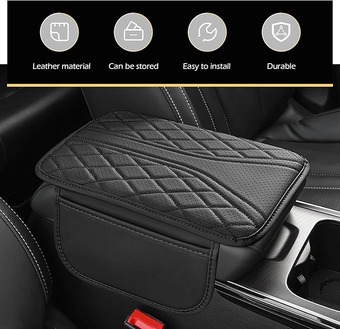 Car Center Console Cover, Leather Vehicle Armrest Protector Cushion with 2 Side Storage Bags, Auto Breathable Middle Interior Accessories, Universal for SUV, Sedan, Truck (Black)