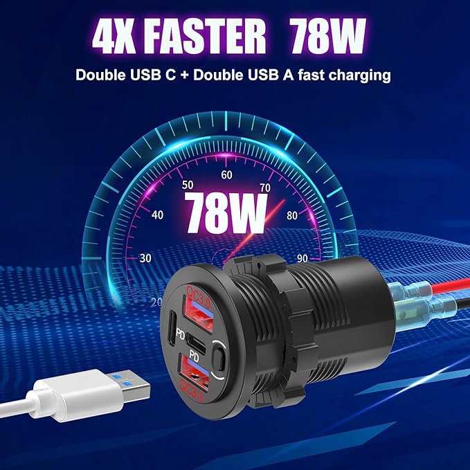 Red 12V USB Outlet Dual PD 30W USB C Port and Dual USB Quick Charge 3.0 Port with Power Switch, 78W Multiport Car Charger Socket Waterproof DIY Accessories for Car Boat Marine Motorcycle RV ATV