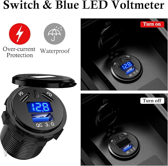 BATIGE 2 Pack 3 Ports Car Charger Socket Dual 45W PD Type C & 18W QC 3.0 with Voltmeter and Button Switch, USB Charger Socket for 12V/24V Car Boat Marine ATV Bus Truck RV Motorcycle