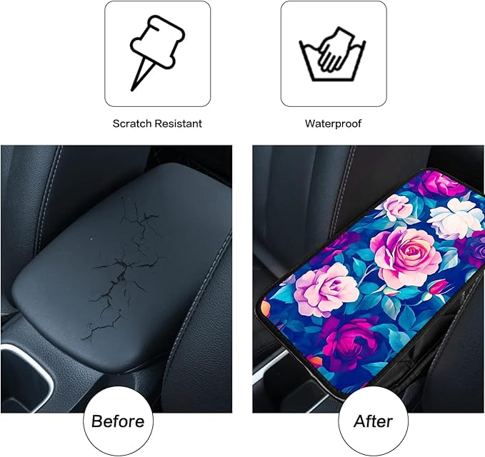 JANENFNA Car Armrest Cover Pads Universal Fashion Cute Auto Center Console Armrest Cover Pad with 2PCS Car Coasters Soft Waterproof Car Armrest Seat Protector for Women,Colorful Rose
