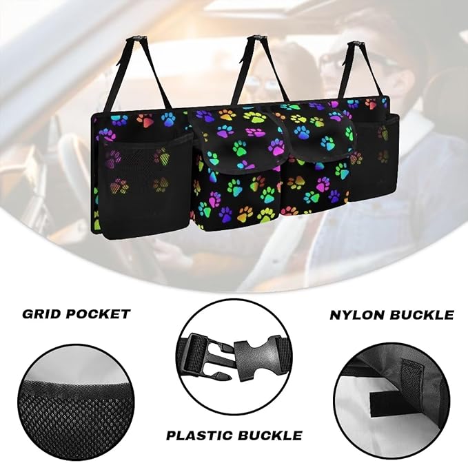 Rainbow Dog Paw Print Auto Hanging Seat Back Storage Waterproof Car Organization Women,Space Saving Expert