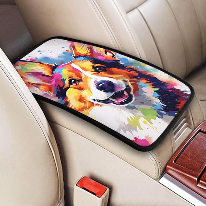 indokyeyqaz Universal Car Center Console Cushion Pad, Colorful Cute Corgi Dog Soft Waterproof Car Center Console Cover Auto Armrest Seat Box Cover Protector for Most Vehicle SUV Truck Car