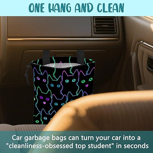 KXWQTRDD Car Trash Bag Cute Neon Cartoon Cat Leak-Proof Waterproof Car Garbage Bag with Drawstring Foldable Canvas Trash Bin with Adjustable Buckle for Car Accessories, Travelling, Camping