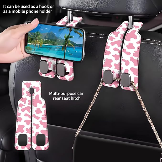 AXBSAKDI Car Seat Back Storage Headrest Hook, Premium Leather Double Metal Hook, Hanger Storage Organizer for Purse Cloth Bag, Car Interior Accessories Pink Cute Cowhide