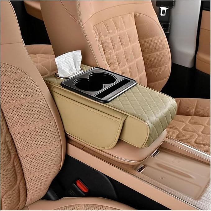 Car Armrest Cushion for Ford Focus I Sedan 1998-2001 2002 2003 2004 2005, Car Center Console Cover Armrest Pad with Cup Holder and Tissue Box, Car Accessories,Beige