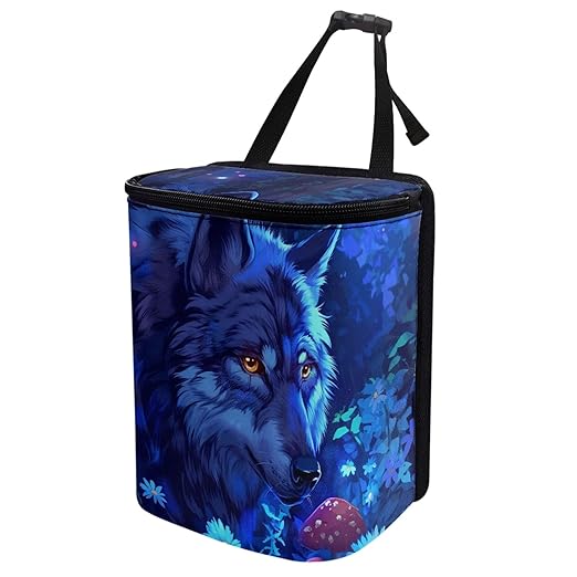 Fantasy Blue Wolf Car Trash Can, Hanging Zipper Design Garbage Bin for Backseat