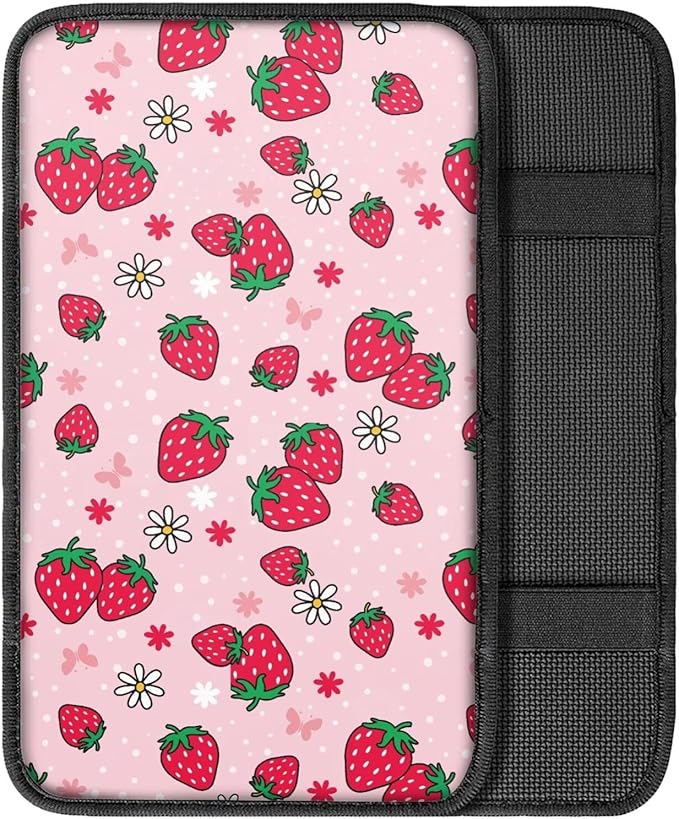 Horeset Strawberry Car Armrest Cover Pad Decor Protection Non-Slip Comfortable Arm Rest Storage Box, Easy to Install/Universal Fit