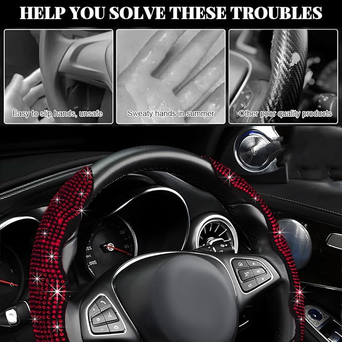2 PCS Steering Wheel Cover, Segmented Car Wheel Covers with Crystal Rhinestones, Non-Slip Protector Bling Sparkly Decoration for Most Steering Wheels, Car Accessories (Red)