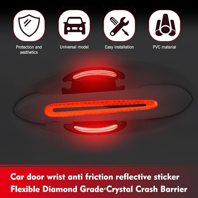 8 PCS Car Door Handle Sticker, Anti-Scratch Reflective Door Handle Protector, Non-Marking Car Handle Paint Guard Sticker, Universal for Sedans Trucks SUVs (Red)