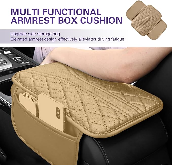 Cuymoap Car Armrest Cushion, Breathable Support Cover for Enhanced Elbow Comfort, Waterproof Anti-scratch Center Console Protector with Side Storage Pocket, Universal Slip-on Design for Car (Beige)