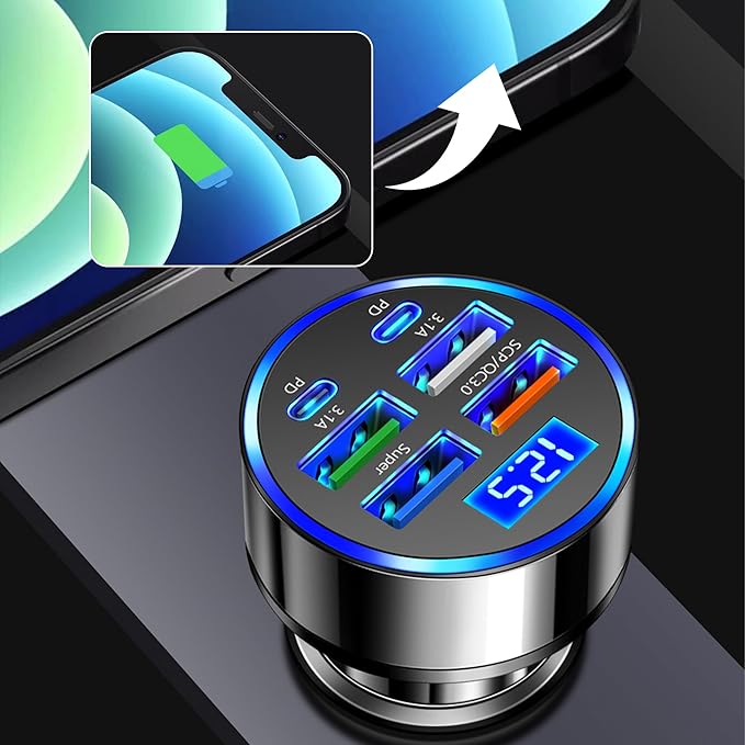 6 Port Fast USB Car Charger (PD+QC3.0),Cigarette Lighter USB Charger with LED Digital Display,Universal Car Charger Adapter Car Accessories Interior for Most 12V/24V Vehicles