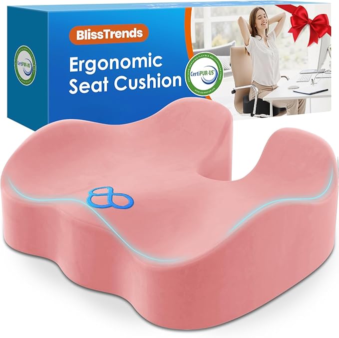 BlissTrends Seat Cushion,Thick Memory Foam Cushions for Office Chair, Car Seat, Airplane, Relieving Pressure Tailbone Sciatica Back Pain for Long Sitting Office Workers, Car Drivers 4.7in Thick Pink