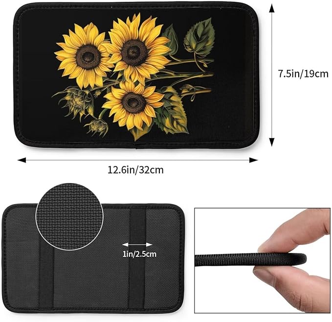 Car Center Console Cushion Pad Yellow Sunflower Universal Armrest Seat Box Cover Protector Flowers Comfortable Car Decor Accessories Fit for Truck Vehicles SUVs, Flower Floral Pad, Black