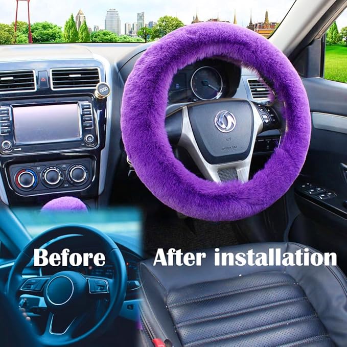 15inches Universal Leather Car Steering Wheel Cover Car Accessories Colorful Fuzzy Steering Wheel Cover Gear Shift Cover Handbrake Cover (Purple)