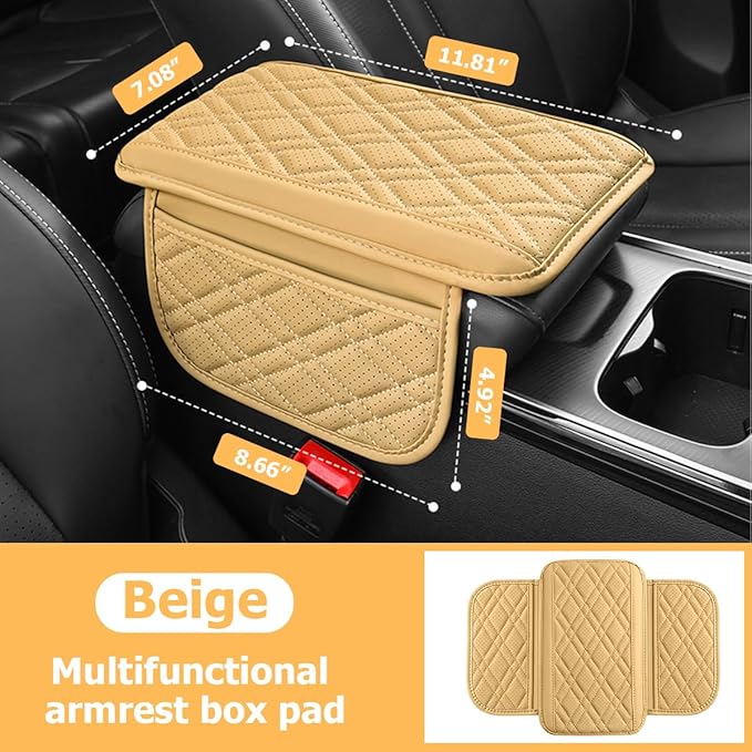 Car Center Console Cover, Leather Vehicle Armrest Cushion Pad with 2 Storage Bags, Comfortbale Automotive Interior Middle Seat Box Protector Accessories, Universal Fit (Beige)