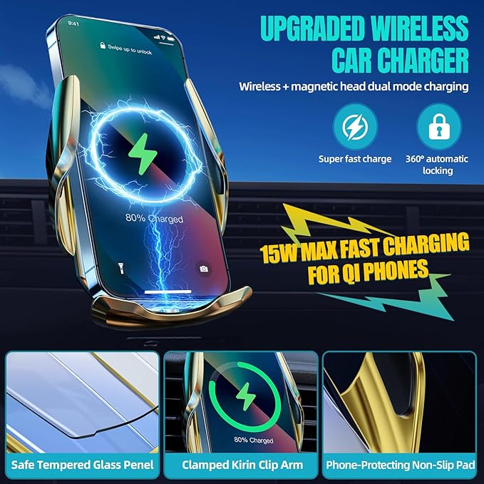 Wireless Car Charger, MAX 15W Fast Charging Auto Clamping, Sensing Phone Holder Mount, fit for iPhone 16 15 14 13 12 Pro Max Xs X, Samsung Galaxy S24 Ultra S23 S22 S21 S20 Note20 (5-Golden)