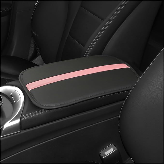Car Center Console Cover,Leather Arm Rest Cover for Car Keep Scratches on Center Console,Striped Patchwork Middle Console Cover Car Accessories Interior for Most Vehicles (Black/Pink)