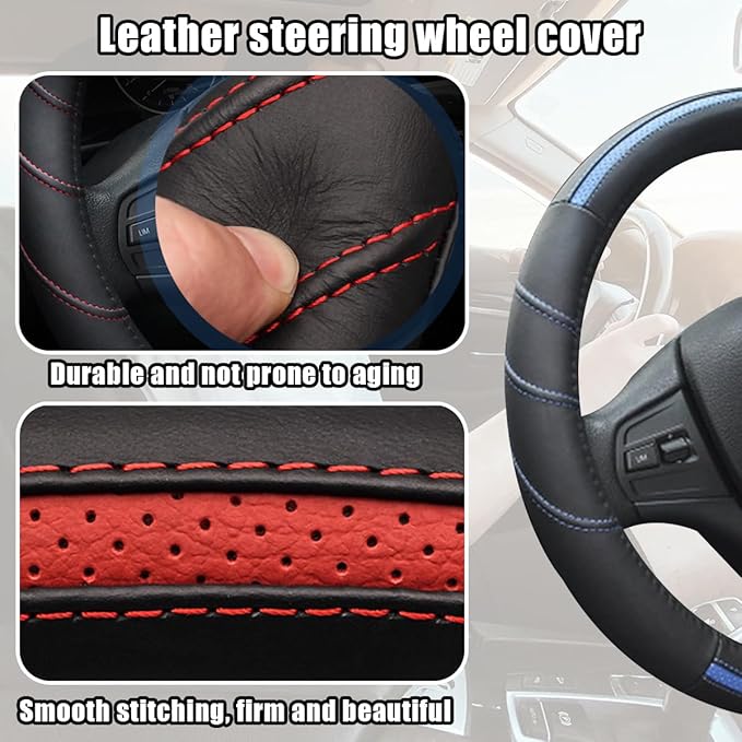 Car Steering Wheel Cover, Genuine Leather Non Slip Vehicle Steering Wheel Protector, Breathable & Soft Auto Interior Protection Accessories, Universal for SUV Sedan Truck (Black/Blue)