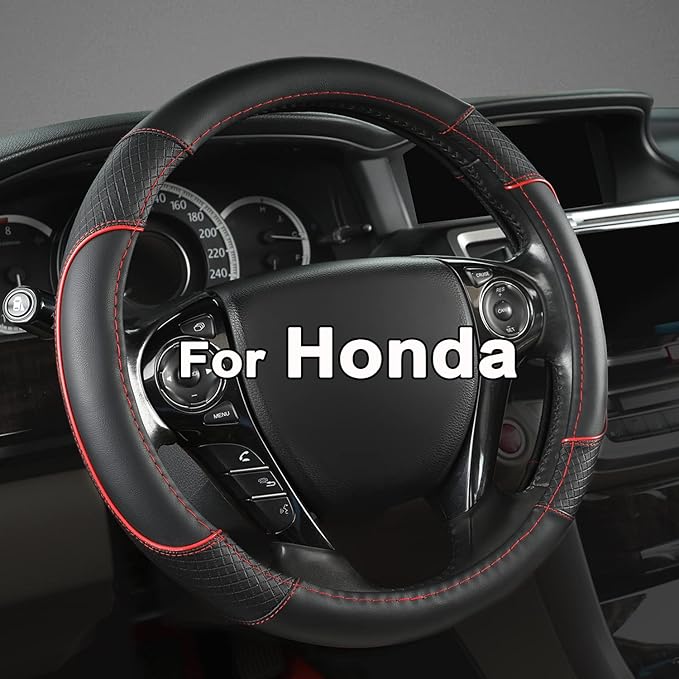 GIANT PANDA Microfiber Leather Steering Wheel Cover for Honda Accord,Civic,CR-V,HR-V,Pilot(Diamond-Pattern-Black+Red Line-Standard Size)
