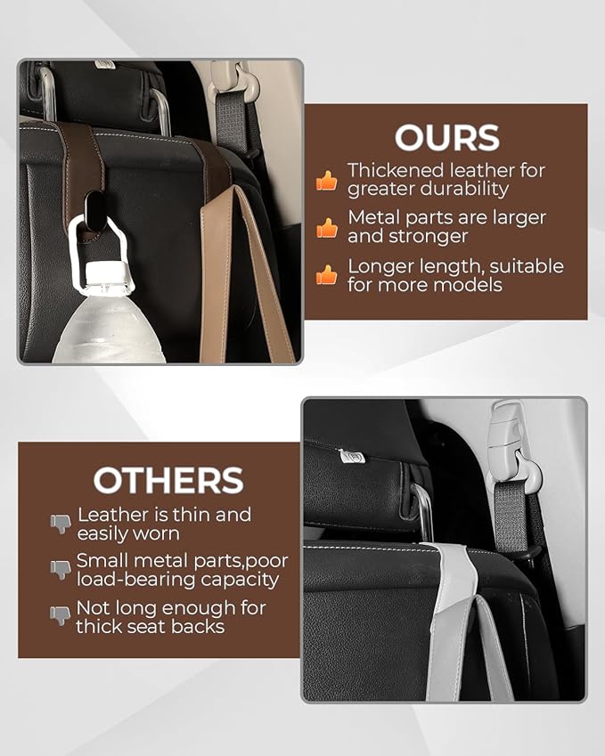 4 Pcs Car Headrest Hooks, Heavy-Duty PU Leather & Stainless Steel Car Seat Organizer for Purses & Bags, Supports Up to 44 lbs